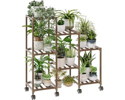 Plantenrek Binnen & Buiten – Houten Rek op Wieltjes met 3 Niveaus – Voor 7 Potten Tuin en Woonkamer