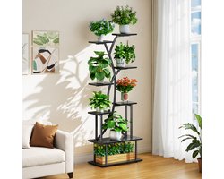 Plantenrek met 8 Niveaus - Plantentrap - 163 cm Hoog - Industrieel Design - Metaal & Hout - Woonkamer & Balkon - Zwart