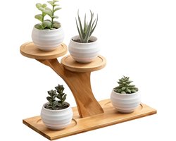 Plantenrek - Plantenstandaard binnen - Meerlaags bloemenrek - Houten plantenstandaard - Vintage - Ruimte voor 4 potten - Compact - Voor woonkamer, slaapkamer en kantoor - 25*10.5*17.5 - Natuurlijke houtkleur