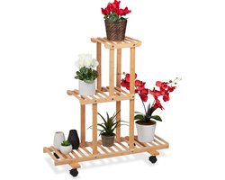 Plantenrek van bamboe met 3 etages - HxBxD: ca. 82 x 81 x 36 cm - Verrijdbaar voor binnen - Natuurlijke uitstraling
