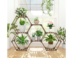Plantenrek - Zeshoekige Plantenstandaard voor Binnen en Buiten - Hout - Creatief Doe Het Zelf Plantenrek - Bloemenrek voor Ramen, Hoek, Woonkamer, Balkon, Tuin, Kantoor - (7 Verdiepingen, 141 x 25 x 97 cm)