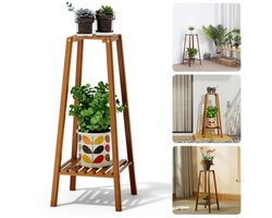 Plantenstandaard Bamboe - Plantenhouder Plantenrek - 75 cm Hoog - 2 Laags - Donker Gelakt - Inclusief Tuingereedschap - Inclusief EBOOK