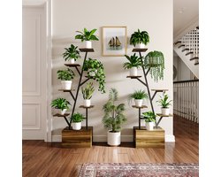 Plantenstandaard in takvorm (2 stuks), met groeilamp en opbergkast, multifunctionele moderne plantenstandaard, geschikt voor woonkamer en balkon | Plantenstandaards van metaal en hout