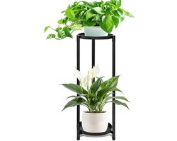 Plantenstandaard met 2 niveaus - binnenhoog - zwarte bloemenstandaard - plantenrek - metalen - bloempot standaard - buiten - plantenplank - balkon - tuindecoratie - zwart metaal - binnen - buiten - plantenhouder - plantenrekken.