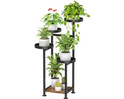 Plantenstandaard met 5 etages, hout, metaal, voor binnen en buiten, hoek bloemenstandaard, plantenrek voor meerdere planten, modern bloemenrek voor terras, tuin, balkon, woonkamer (zwart)