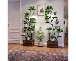 Plantenstandaard met groeilamp, 40x30x140cm, 6 niveaus, metalen en houten plantenrek, bloemenstandaard voor binnen en buiten, decoratief zwart frame en opbergplank, bloemenrek voor binnen, buiten, tuin en balkon