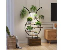 Plantenstandaard met groeilamp, 40x30x142 cm, 6 niveaus, metalen en houten plantenrek, bloemenstandaard voor binnen en buiten, decoratief zwart frame en opbergplank, bloemenrek voor binnen, buiten, tuin en balkon