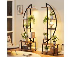 Plantenstandaard met groeilampen set van 2, bruin, 6‑laags halvemaanvormig metaal, wielen en haken, 56x30x187cm