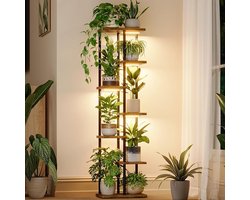 Plantenstandaard Met Groeilicht - 7-Laags Hoek Plantenrek Metalen Frame Met Houten Planken - LED Kweeklamp Voor Kamerplanten - Ruimtebesparende Bloemenstandaard Voor Woonkamer, Terras, Balkon En Interieurdecoratie