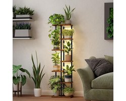 Plantenstandaard met Groeilicht 7 Niveaus – Hoek Plantenrek met LED Plantlamp – Metalen Bloemenstandaard met Houten Planken – Plantentrap voor Woonkamer, Balkon en Terras
