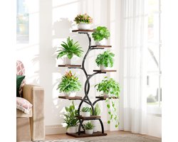 Plantenstandaard met groeilicht - 8 niveaus bloemenstandaard 124 cm, metaal houten plantenrek - voor binnen en buiten, bloementrap - decoratief zwart bloemenrek voor binnentuin, balkon