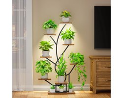 Plantenstandaard met groeilicht - 8 niveaus bloemenstandaard 124 cm, metaal houten plantenrek - voor binnen en buiten, bloementrap - decoratief zwart bloemenrek voor binnentuin, balkon