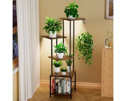 Plantenstandaard met groeilicht - Bloemenrek binnen - Planten verzorgen - Vijf niveaus hout metaal - 112 cm hoog - Bruin