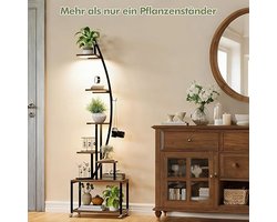 Plantenstandaard met LED Groeilicht 7 Niveaus – 165 cm Hoog Plantenrek met Wielen – Metalen Bloemenstandaard met Houten Planken – Plantentrap voor Woonkamer, Balkon en Binnentuin