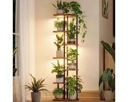 Plantenstandaard met Led Verlichting voor Kamerplanten - Hoek - 7 Niveaus - Metalen Plantenrek - Houten Bloemstandaard - Huis Woonkamer Decoratie - Terrasdecoratie - Trendy Design