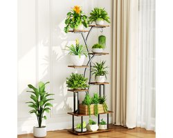 Plantenstandaard met verlichting 8 Niveaus - Plantentrap - 163 cm Hoog - Industrieel Design - Metaal & Hout - Woonkamer & Balkon - Tijgerhout