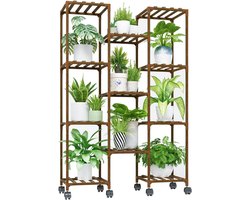 Plantenstandaard met wielen voor binnen en buiten - Houten plantenplank voor meerdere planten (11 potten) - Hoge grote bloemenhouder voor woonkamer, terras, balkon en tuin