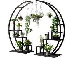 Plantenstandaard Metaal - Bloemenstandaard - Plantenrek met 5 Niveaus - Halve Maan Design - Inclusief 4 Ophanghaken - 120 x 40 x 142 cm - Zwart