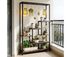 Plantenstandaard Ruime Ladderkast 180 Cm Metaal Spaanplaat Zwart Rustiek Bruin Voor Planten Decoratie En Boeken Met 6 S Haken