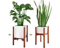 Plantenstandaard van hout voor binnen, bruine bloempotten, plantenkruk voor woonkamer, slaapkamer, verstelbare breedte voor maximaal 30 cm plantenpotten