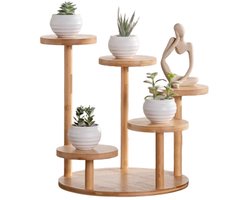 Plantenstandaard voor binnen - 5-laags bamboe plantenstandaard - Plantenstandaard voor op het bureau - 5 trays - Trays met een diameter van 12,8 cm - Ideaal voor het tentoonstellen van planten thuis, op kantoor of op het balkon - Houtkleur