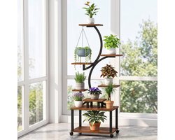 Plantenstandaard voor binnen - Plantenrek -Plantentafel - Plantenrekken - Plantentrap - plantenrek - Planten etagere - Plantenzuil - 8 legplanken en ophanghaak - verrijdbaar - staal en MDF - 154 x 50 x 26 cm - zwart en vintagebruin - zonder lamp