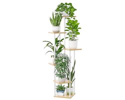 Plantenstandaard wit 6 etages metaal - bloemenstandaard indoor - plantenrek met houten dienbladen - 130 cm hoog