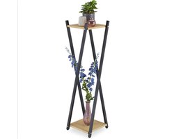 plantentafel binnen, 2 niveaus met houtlook, hoog, HBD 99 x 29 x 29 cm, plantenstandaard, zwart/lichtbruin