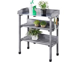 Plantentafel Hout - Tuintafel met Verzinkt Werkblad en Opbergrekken - 3 Laagse Oppottafel met Haken - Weerbestendige Werktafel voor Tuin, Balkon en Kas - Grijze Tuinwerktafel