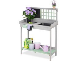 Plantentafel met bak en 2 etages - Tuinwerktafel met lade - HBD: 121 x 92 x 425 cm - Grijs/groen plantentafel