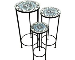 Plantentafel rond Meerkleurig – Set van 3 stuks | Metalen plantentafel met ingelegde keramische mozaïektegels | Tuintafel voor planten voor tuin/balkon/terras