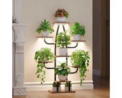 Plantstand met groeilicht - 8 niveaus bloemenstandaard met metalen en houten plantenrek - binnen en buiten bloemenrek - decoratieve zwarte bloemenrek voor binnen tuin balkon cactusvorm