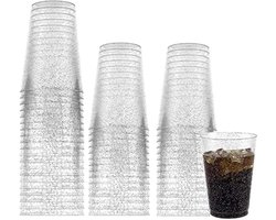 Plastic bekers met zilveren glitters, 50 stuks, 300 ml, meerdere keren te gebruiken, doorzichtig, herbruikbaar, elegant, feest, perfect voor sap, bier, cocktails, frisdrank, desserts, ijskoffie, milkshakes, fruit