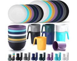 Plastic Bestek Sets van 32 Stuks - Onbreekbaar - Lichtgewicht - Mokken Schalen - Magnetron Veilig - BPA Vrij - Service Voor 8 borden set 6 person