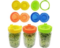 Plastic deksels voor brede mond potten - Set van 4 - Zeef deksels voor kiemen - Geschikt voor mason jars - Gele kiemenpot accessoires - Voor het kweken van taugé