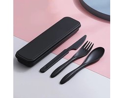 Plastic meeneem bestek in doosje zwart - picnic - eten - werk - camping