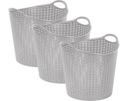 Plasticforte Gevlochten wasmand/opbergmand - 3x - flexibel - zilver - 27 liter - rond - kunststof - 40 x 37 cm