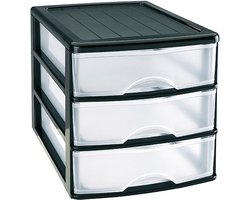 PlasticForte Ladeblok - 3 lades - zwart/ transparant - bureau organizer - L35,5 x B27 x H26
