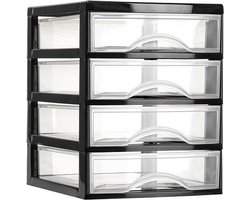 PlasticForte Ladeblok - 4 lades - zwart met transparant - bureau organizer - L18xB21xH23 cm - kunststof