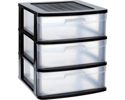 Plasticforte Ladeblok/bureau organizer - 3x lades - zwart/transparant - L40 x B39 x H49.5 cm - kunststof - ladekast