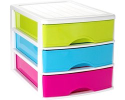 Plasticforte Ladeblok/bureau organizer - met 3 lades - multi-color/wit - L35 x B27 x H26 - Opruimen/opbergen laatjes