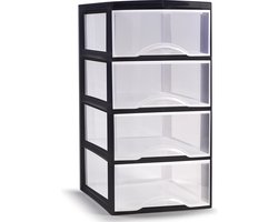 Plasticforte Ladeblokje/bureau organizer met 4x lades - transparant/zwart - L18 x B23 x H34 cm