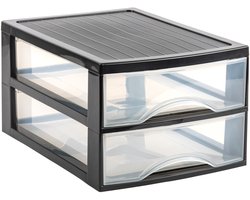 Plasticforte Ladekastje bureau organizer - 2 lades - zwart/transparant - L26 x B35 x H19 cm - kunststof