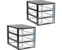 Plasticforte Ladekastje bureau organizer - 2x - 3 lades - zwart/transparant - L26 x B35 x H27 cm - kunststof