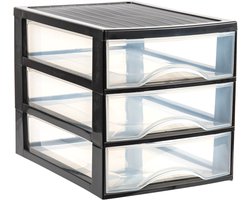 Plasticforte Ladekastje bureau organizer - 3 lades - zwart/transparant - L26 x B35 x H27 cm - kunststof
