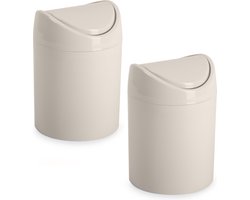 Plasticforte mini prullenbakje - 2x - beige - kunststof - klepdeksel - keuken/aanrecht - 12 x 17 cm