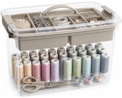 Plasticforte Naaidoos/naaigerei opbergbox - beige -22 Liter - 45 x 28 x 28 cm - met vakverdeling tray - wol/garen/spelden