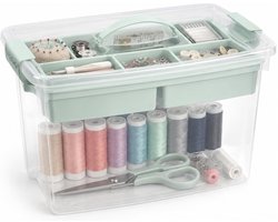 Plasticforte Naaidoos/naaigerei opbergbox - groen - 22 Liter - 45 x 28 x 28 cm - met vakverdeling tray - wol/garen/spelden