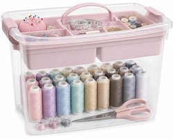 Plasticforte Naaidoos/naaigerei opbergbox - roze -22 Liter - 45 x 28 x 28 cm - met vakverdeling tray - wol/garen/spelden