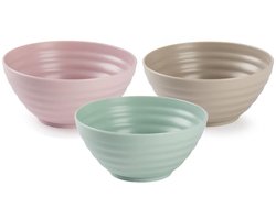 Plasticforte onbreekbaar servies kommetjes - schaaltjes - 12x stuks - groen/roze/taupe - kunststof - 14 x 6.5 cm - Camping - Keuken